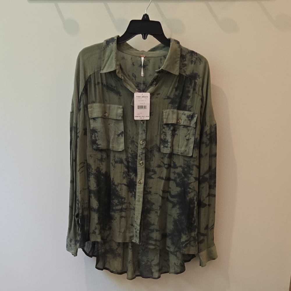 Free People Green Button Down Shirt Notched Collar Relaxed Fit